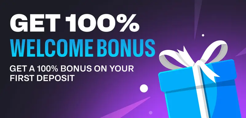 Razed Casino welcome bonus art: a gift box and the words Get 100% Welcome Bonus