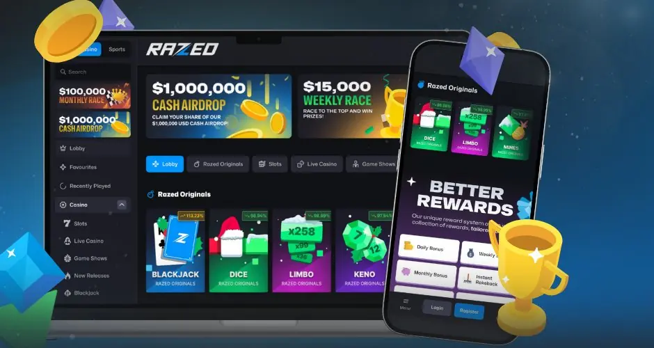 The Razed lobby in a desktop browser and on a phone, with Razed Originals, cash races and the rewards menu